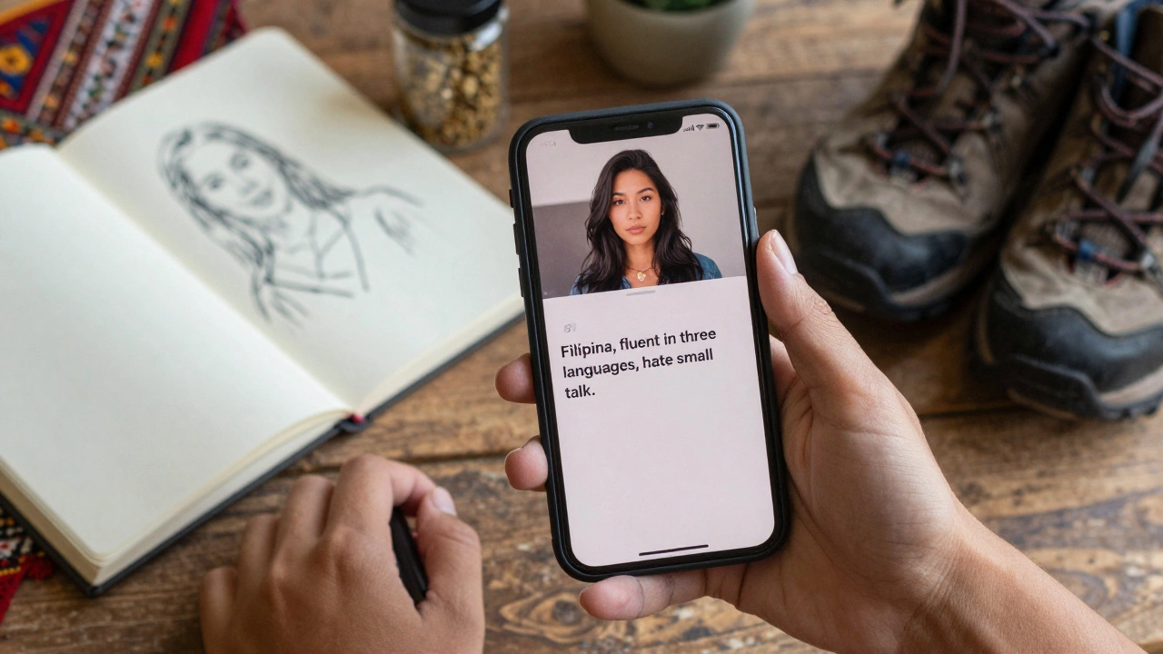 A smartphone showing a profile bio rejecting exotic stereotypes, surrounded by personal items like a sketchbook and hiking boots.