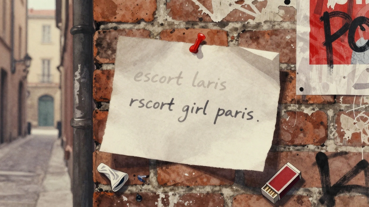 A torn piece of paper with handwritten phrases like &#039;escort laris&#039; is pinned to a brick wall in a Lyon alley.