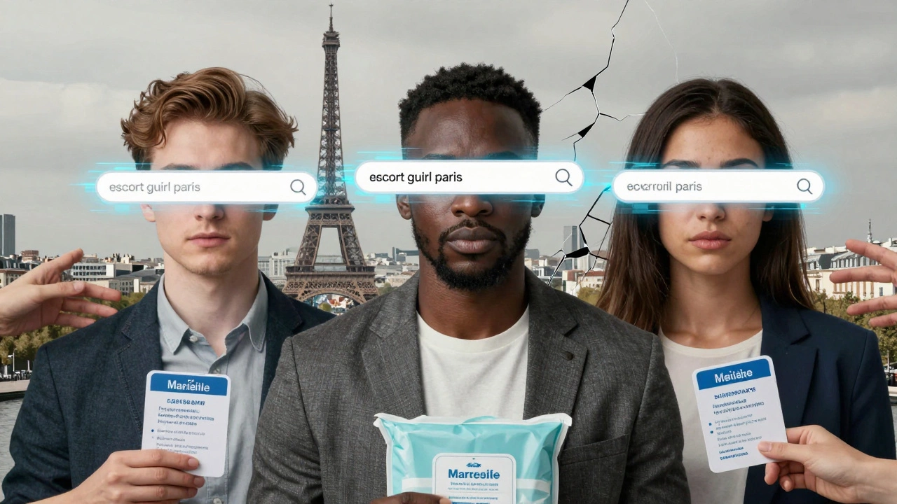 Three translucent figures stand before a fractured city skyline, their identities blurred by digital glitches of misspelled search terms.